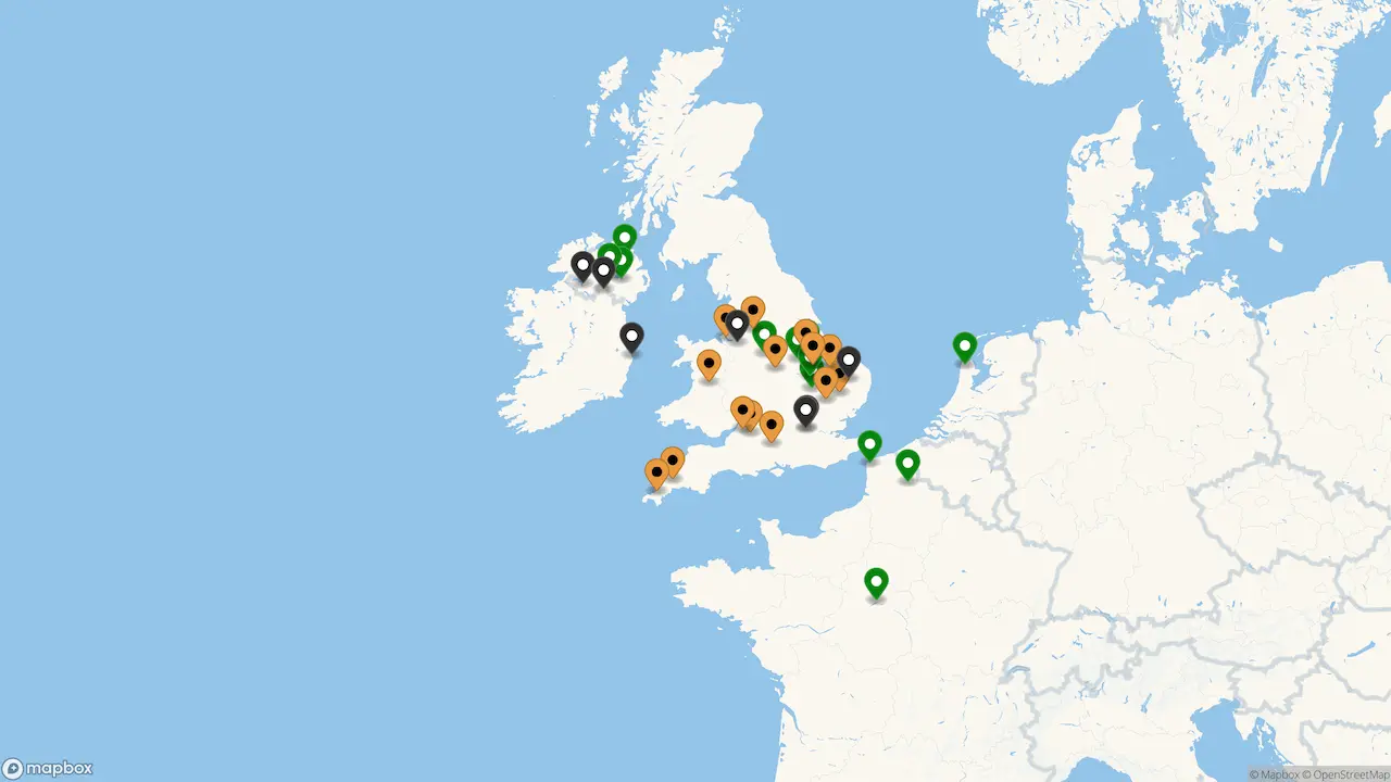 A map of Pilgrim's Europe locations